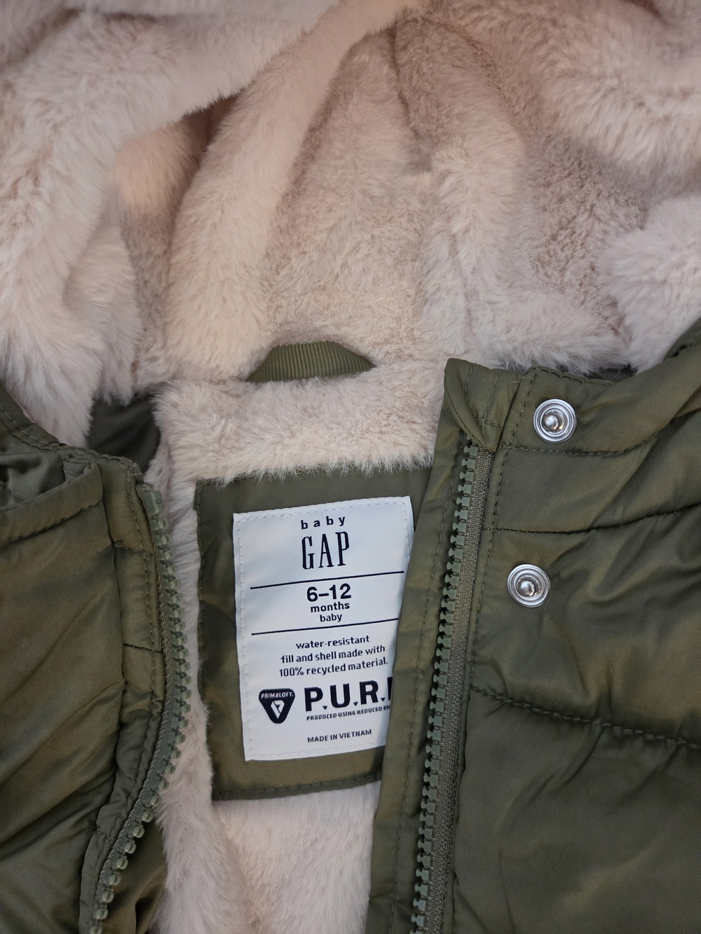 GAP Baby Olive Green Puffer Hooded Jacket with Cream Sherpa Lining. Size 6-12mos - Picture 3 of 3